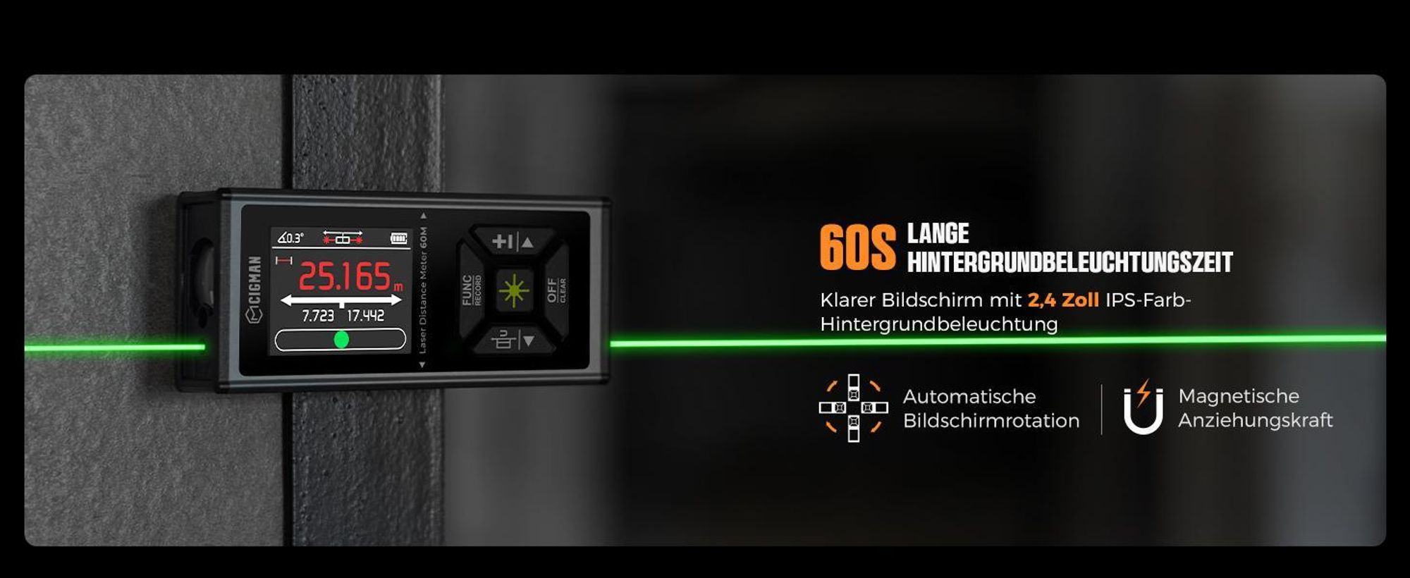 Laser Entfernungsmesser Bilaterales Grün, CIGMAN 120m/390Ft Multifunktionales Lasermessgerät mit LCD-Display, Magnetische Anziehungsfunktion,Winkelsen