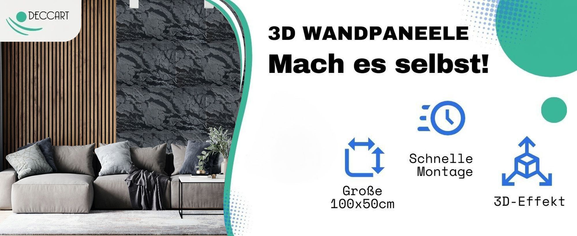 DECCART | 3D Deckenplatten | Schwarz-silberne Wandpaneele | Boulder | Felsimitation | 100x50cm | 8m2