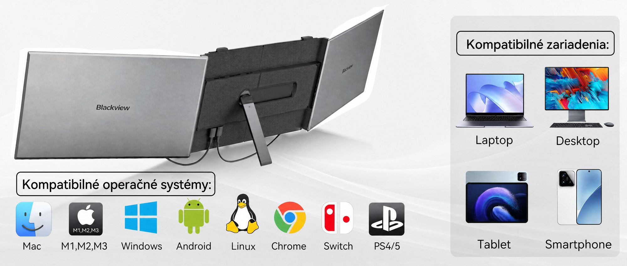 Prenosný monitor Blackview DCM6 14", monitor s dvoma obrazovkami pre notebooky, ultratenký, FHD, pre notebooky s uhlopriečkou 13,3" – 17,3", otočný o 180°, kompatibilný s Windows/Mac/Android