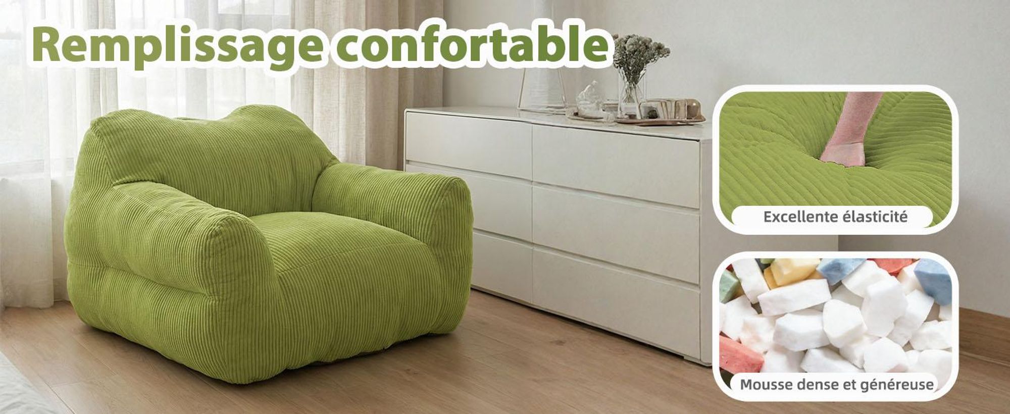 Pouf géant pour adulte, rembourrage en mousse déchiquetée, canapé de sol moelleux, forme carrée, vert gazon