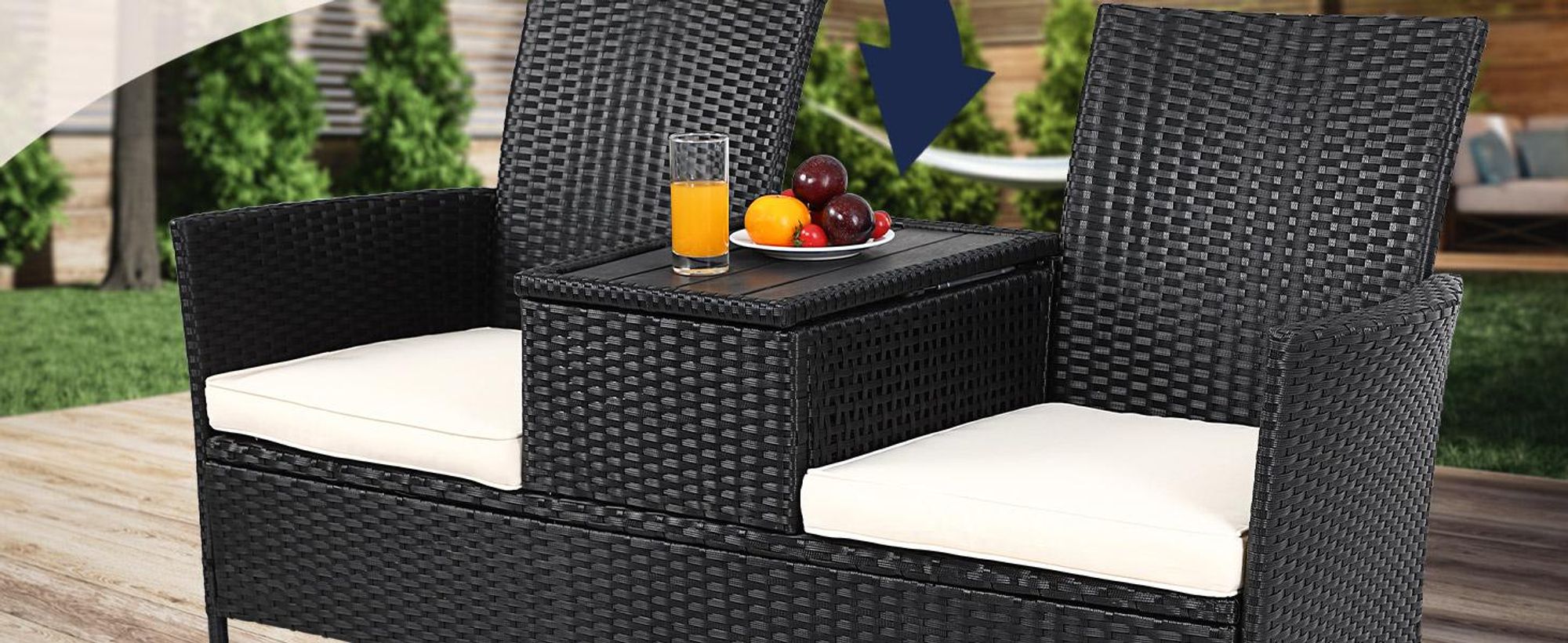CASARIA® Gartenbank Sitzbank inkl. Auflagen Wetterfest Polyrattan 320kg Belastbar Tisch Ablage UV-beständig Garten Balkon Bank 2-Sitzer 143x64cm Schwarz