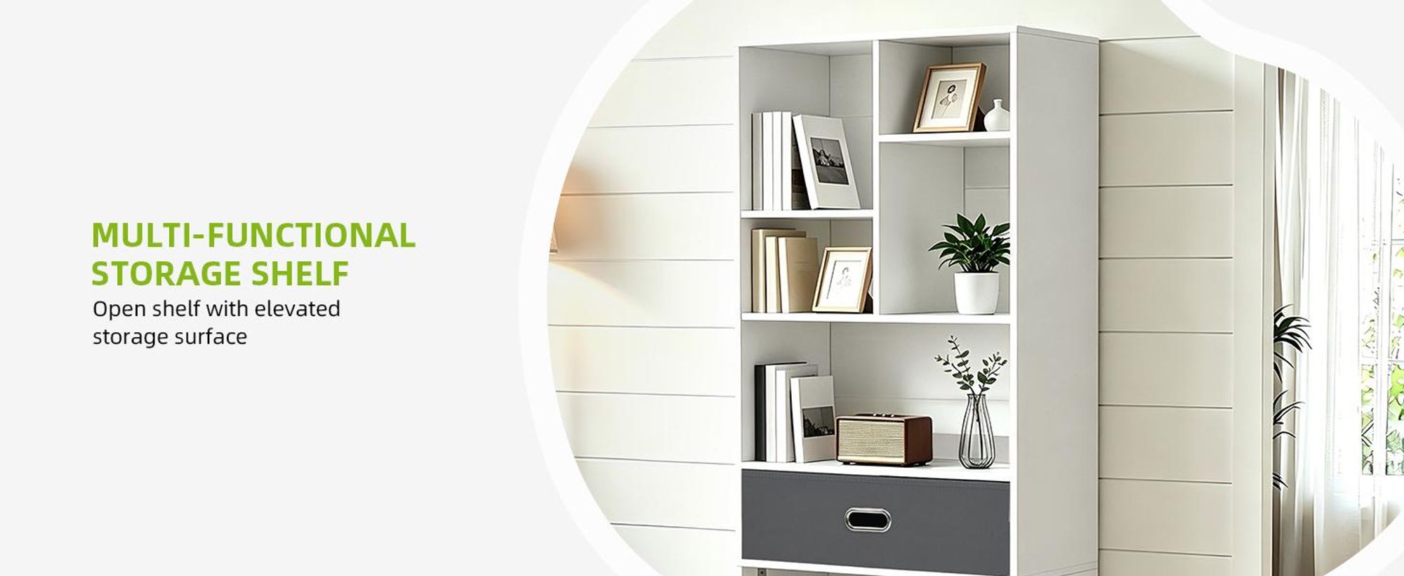 Bücherregal, Standregal mit 7 Fächern und 1 Stoffschublade, Büroregal Aufbewahrungsregal, 60 × 24 × 170 cm, Weiß