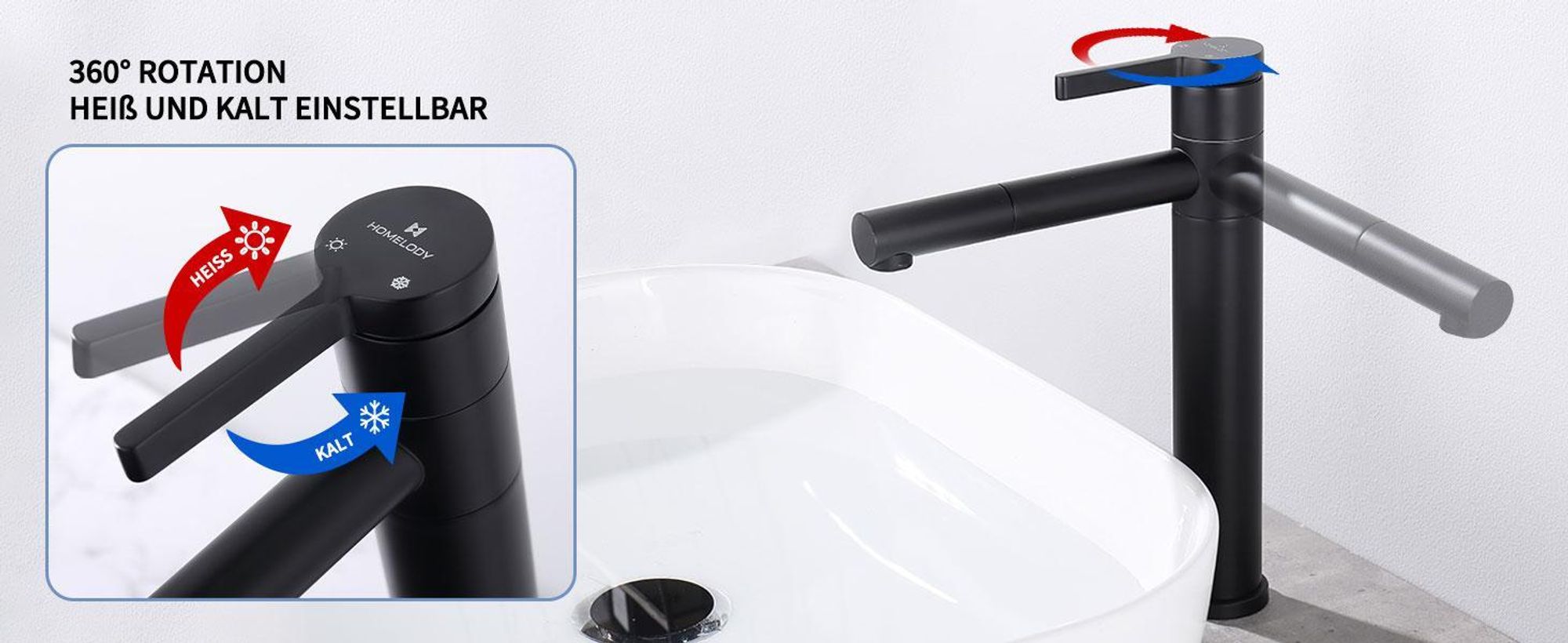 Homelody Wasserhahn Bad Schwarz,Waschtischarmatur ,Waschbecken Armaturen Badezimmer,Mischbatterie Hoch für Waschtisch，Edelstahl Waschbeckenarmatur