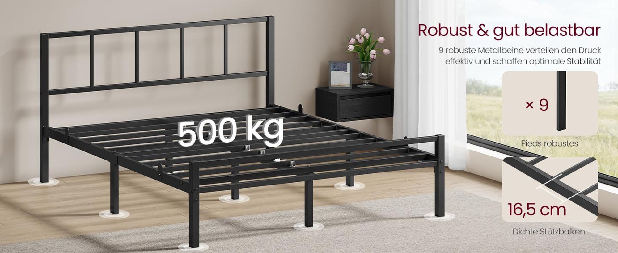 VASAGLE Metallbett 140 x 200 cm, stabiler Bettrahmen mit Kopfteil und Lattenrost, Bettgestell, einfache Montage, schwarz