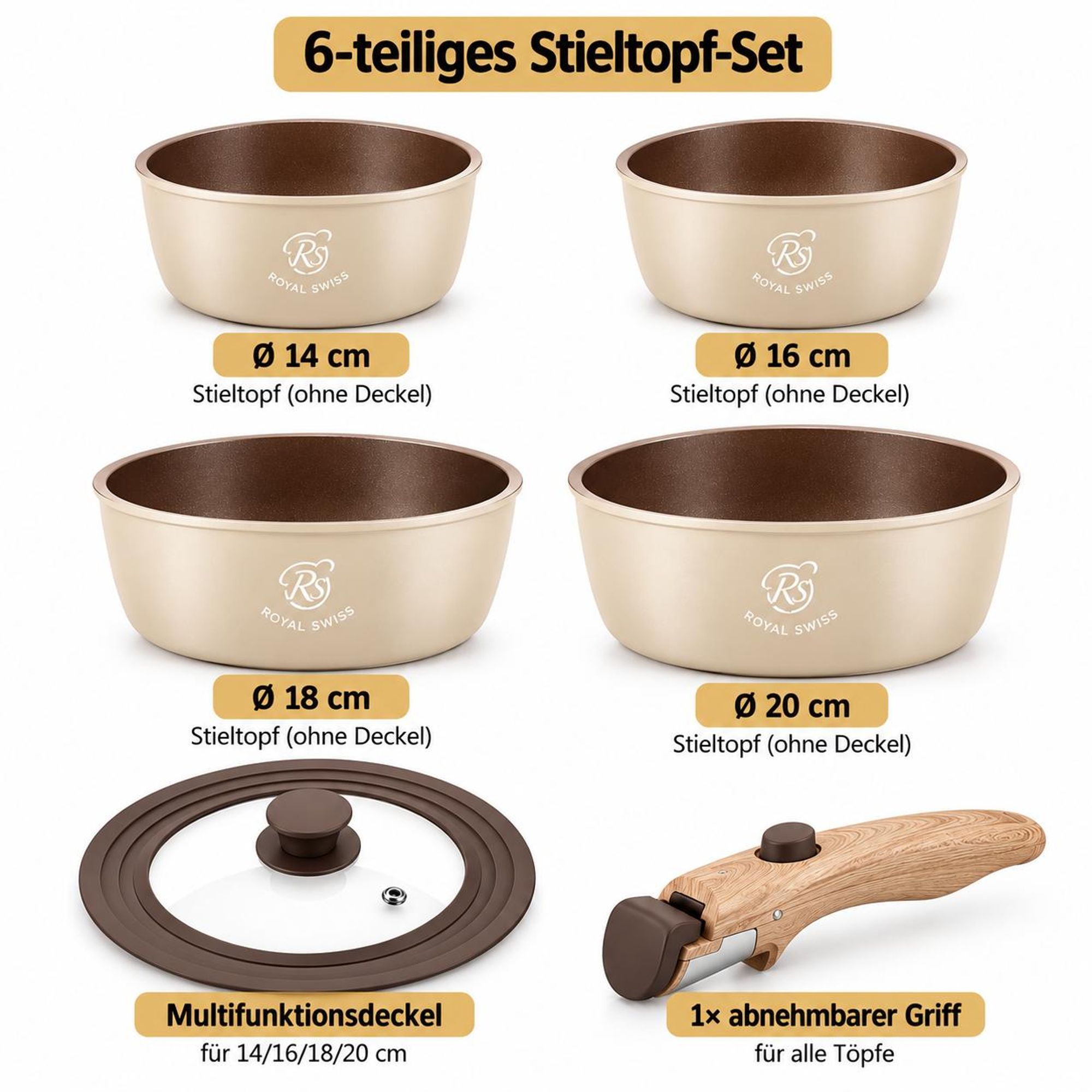 Topfset 6-teilig mit abnehmbaren Griffen Edelstahl Induktion Royal Swiss