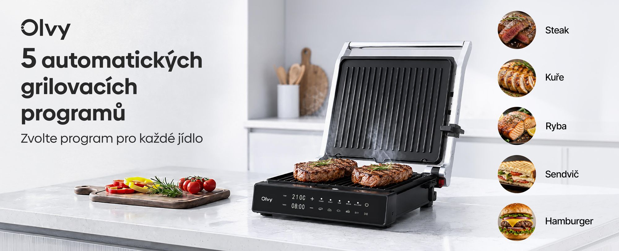 Kontaktní gril Olvy, 2000 W, elektrický gril a sendvičovač, 5 programů, panini gril, grilovací toustovač pro vnitřní použití, desky bez PFAS, stolní gril