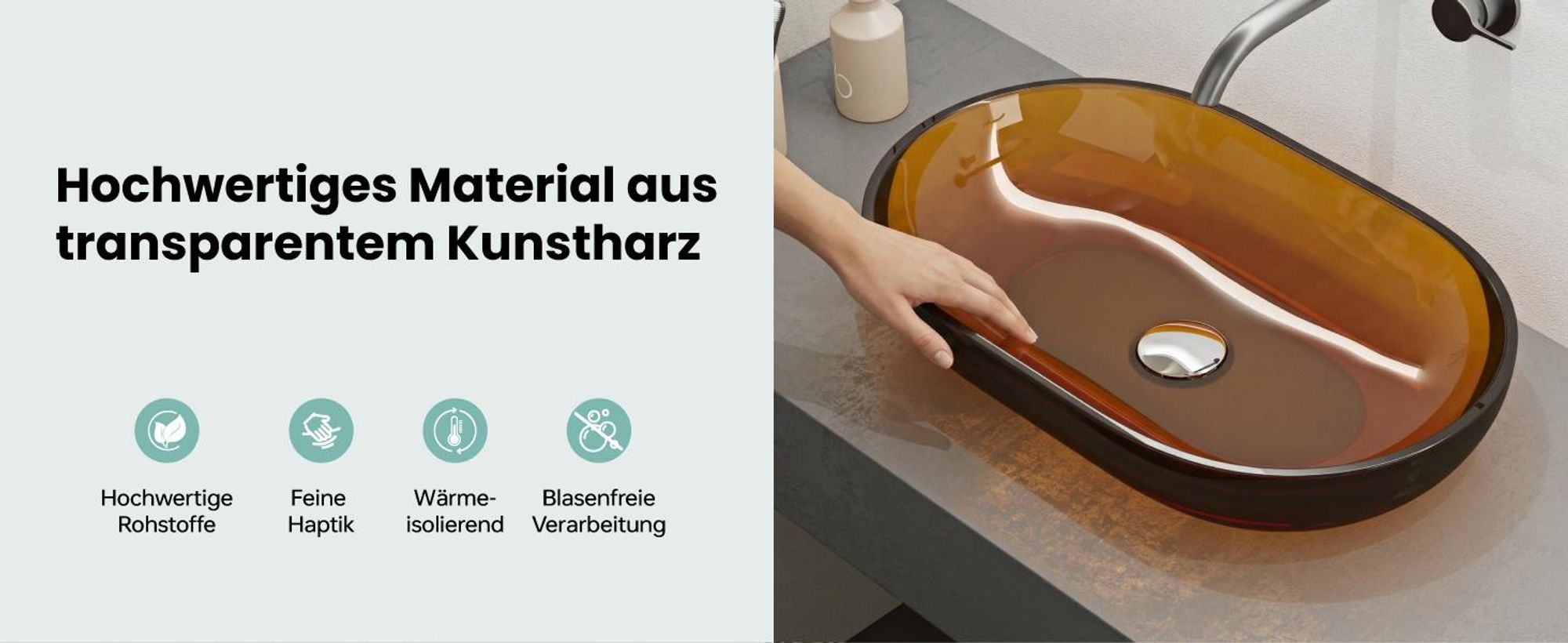 Mai & Mai Waschbecken Aufsatzwaschbecken aus Kunstharz Waschschale Handwaschbecken Oval 54x34x10,5cm in Bernstein ohne Hahnloch und Überlauf Coloria03