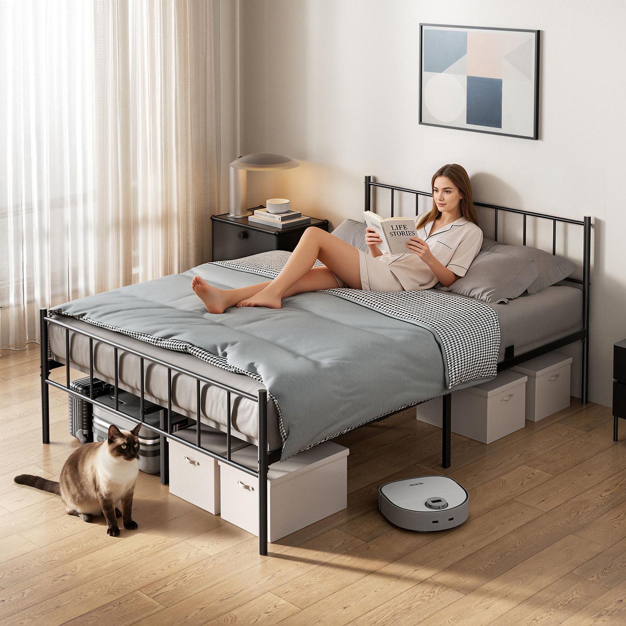 140x190 cm Bettgestell mit Kopfteil, Metallbett mit Stauraum, Bett mit 14 Reihen Metalllamellen, hochtragfähig, Industriestil, Geräuschlos, Schwarz