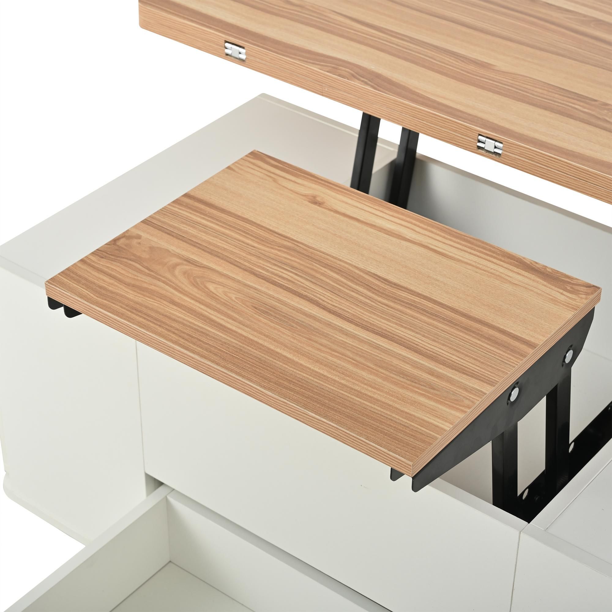 Merax Höhenverstellbarer 4-in-1 Couchtisch, Sofatisch mit ausziehbare Tischplatt, Wohnzimmertisch  mit Schublade und 4 Hockern, Weiß + Naturholz