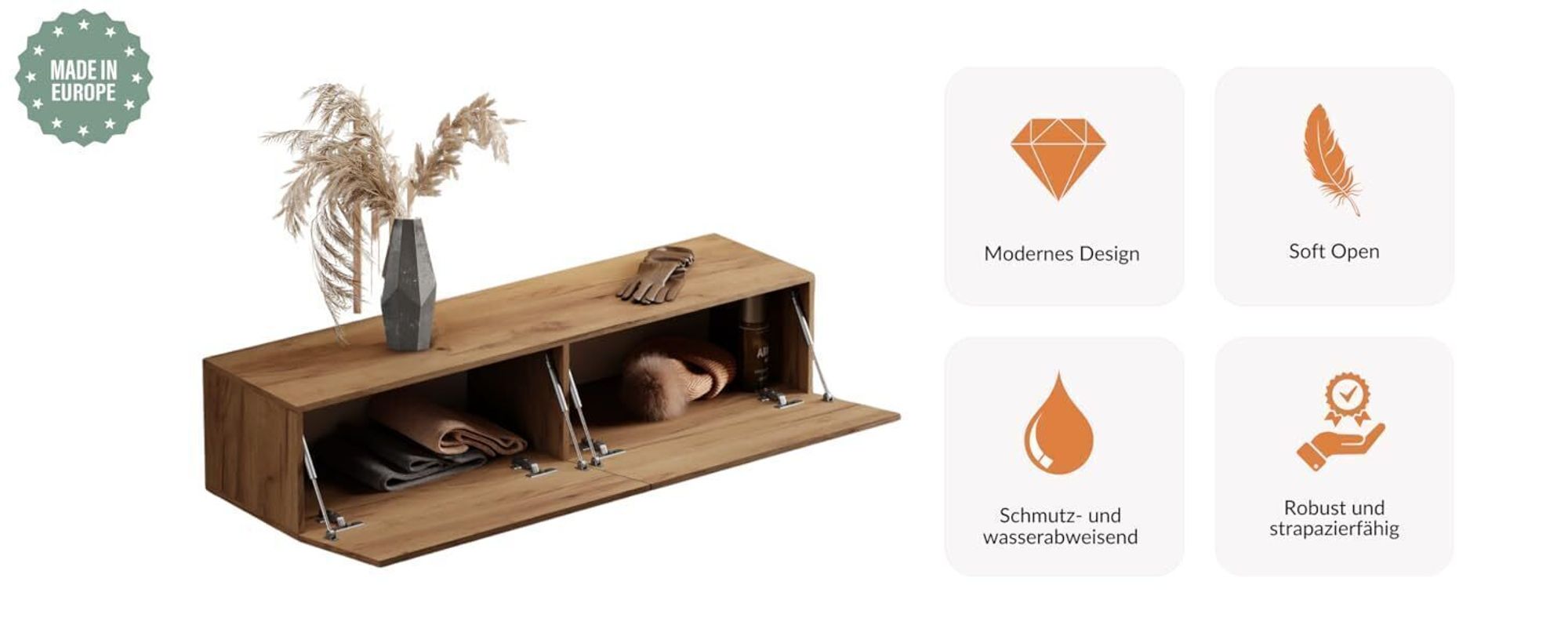 Planetmöbel Flur Möbel Garderobe Hängeschrank 2x 100 cm gold eiche, Wandgarderobe hängend oder stehend