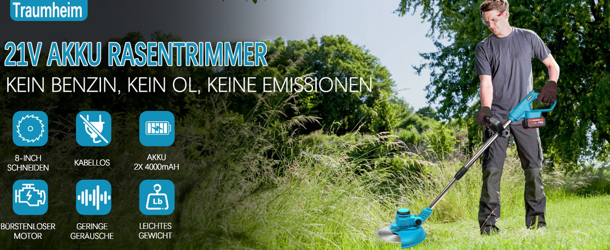 Akku Rasentrimmer 750W mit 2× 4000mAh Akkus 21V, 4 in 1 Bürstenloser Motor Rasentrimmer mit Unkrautbürste, Freischneider mit Messer und Ladegerät