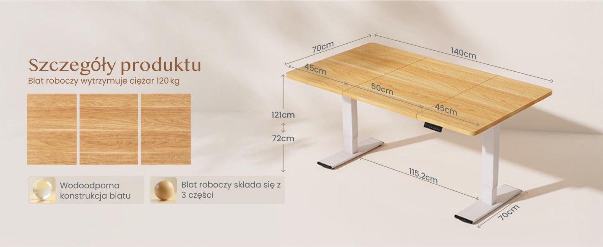 FLEXISPOT QB2 Biurko z regulacją wysokości Elektryczne 140x70cm, 2 MOCNE SILNIKI, nośność 120 kg, ochrona przed kolizją, 4 funkcje pamięci (klon)