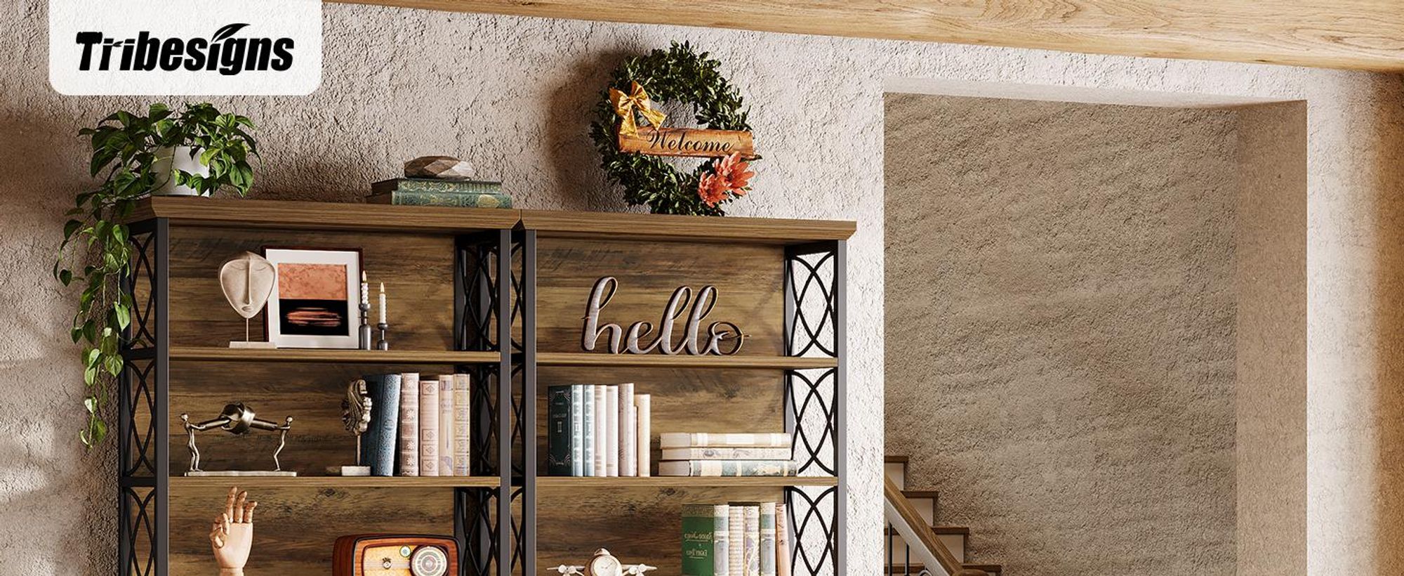 Tribesigns 185 cm hohes Bücherregal, 6-stöckiges Industrie-Etagere-Bücherregal offene Ablagefächern, Ausstellungsregal Holz Metall, Braun & Schwarz