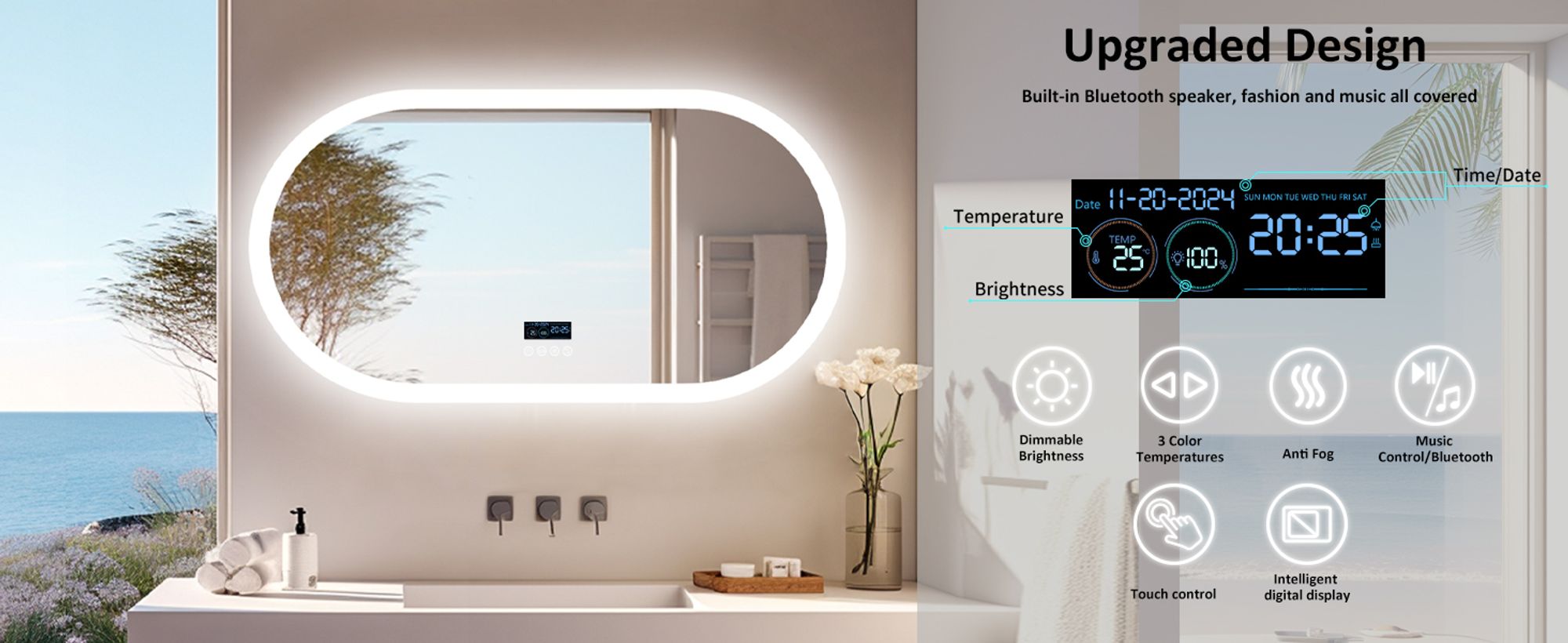 WISFOR LED Badspiegel mit Bluetooth Lautsprecher, 120x60cm Badezimmerspiegel mit Beleuchtung 3 Lichtfarbe, LED Wandspiegel dimmbar beschlagfrei