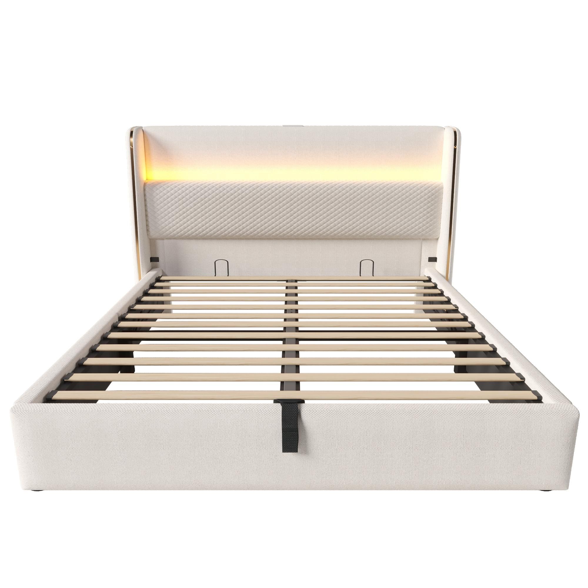 Flieks Hydraulisches Polsterbett 140x200cm mit USB/Type-C-Anschlüssen, Stauraumbett Doppelbett Jugendbett mit Led, Leinen, Beige