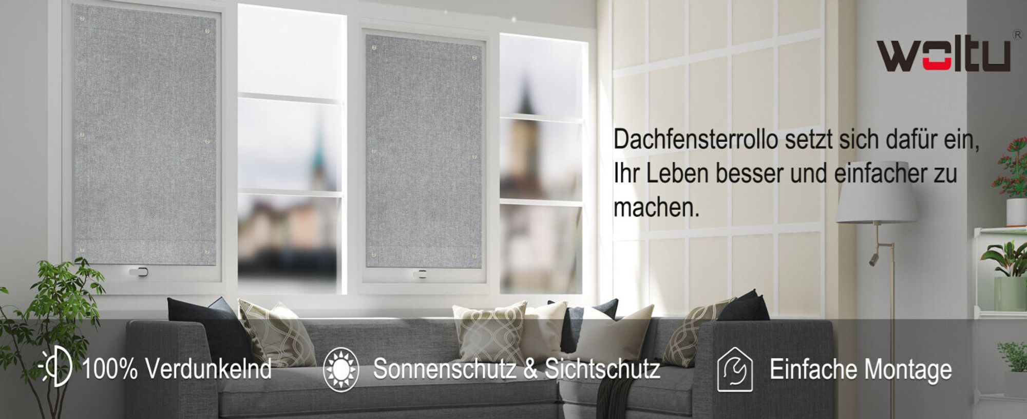 WOLTU Thermo Dachfenster Rollo ohne Bohren Sonnenschutz Verdunkelungsrollo mit Saugnäpfen, Thermorollo Hitzeschutz für Dachfenster Grau, 76x93 cm