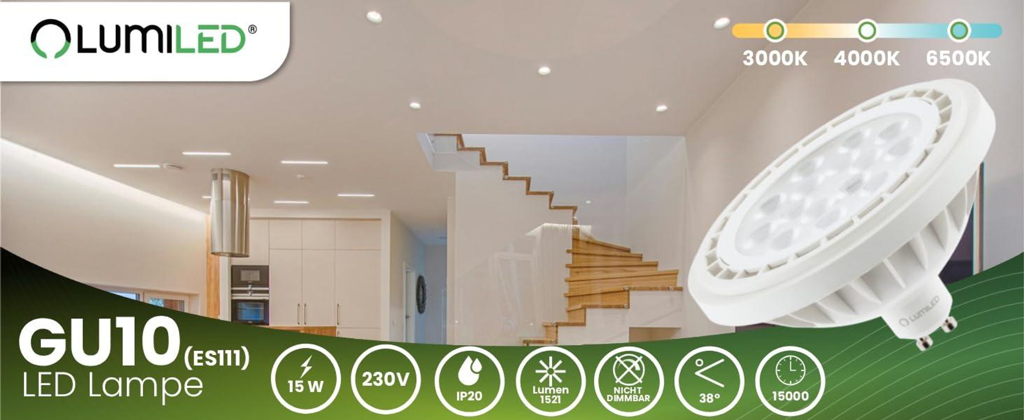 LUMILED LED-Leuchtmittel ES111 GU10 Fassung 230V 15W (Entspricht 100 Watt) Warmweiß 3000K 38° weiß 1521 lm Lampen Reflektor