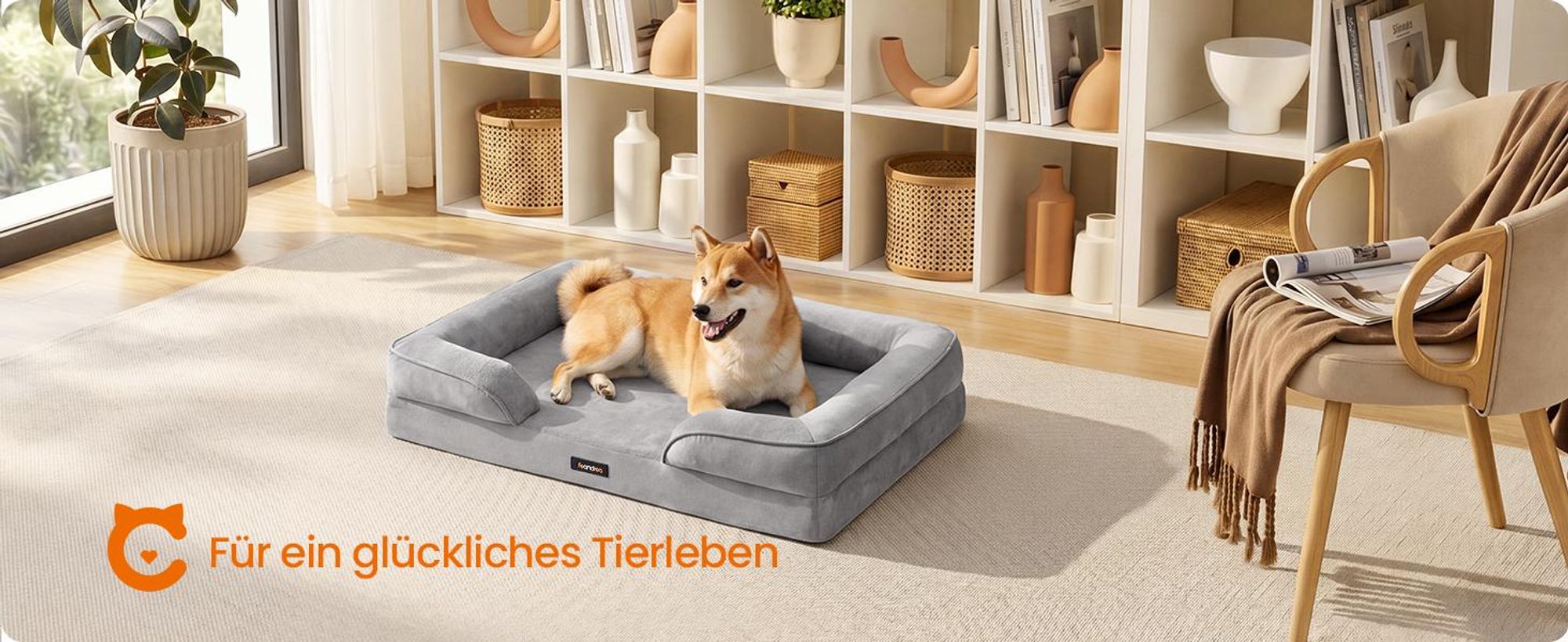 FEANDREA Orthopädisches Hundebett L, abnehmbarer Bezug, erhöhte Ränder, rutschfest, waschbar, Haustierbett, hellgrau