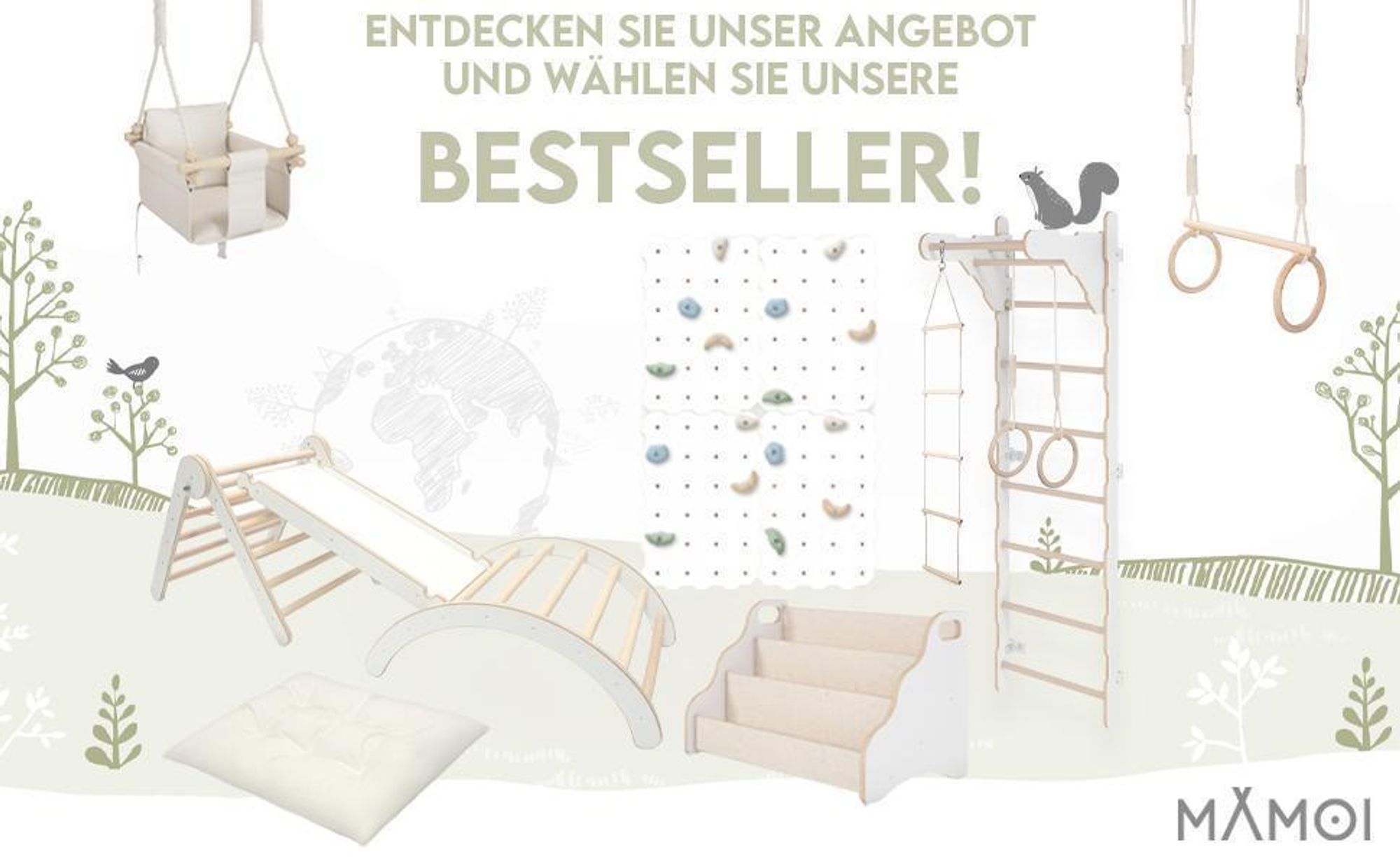 Gymnastik-Sprossenwand für Kinder (210 cm) | Wandmontierte Holzleiter | Kletterleiter für Kinder | Turnringe | Schutzmatte | Kletterseil | 100% ECO