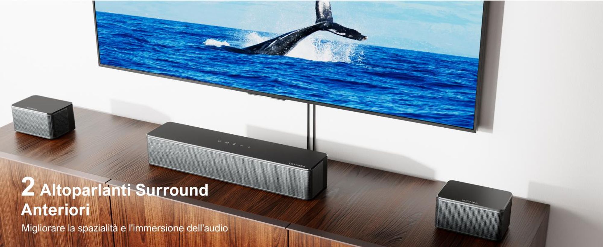 Sistema audio surround virtuale ULTIMEA 7.1 per TV, potenza di picco 410 W, soundbar con subwoofer regolabile e cassa surround, controllo APP