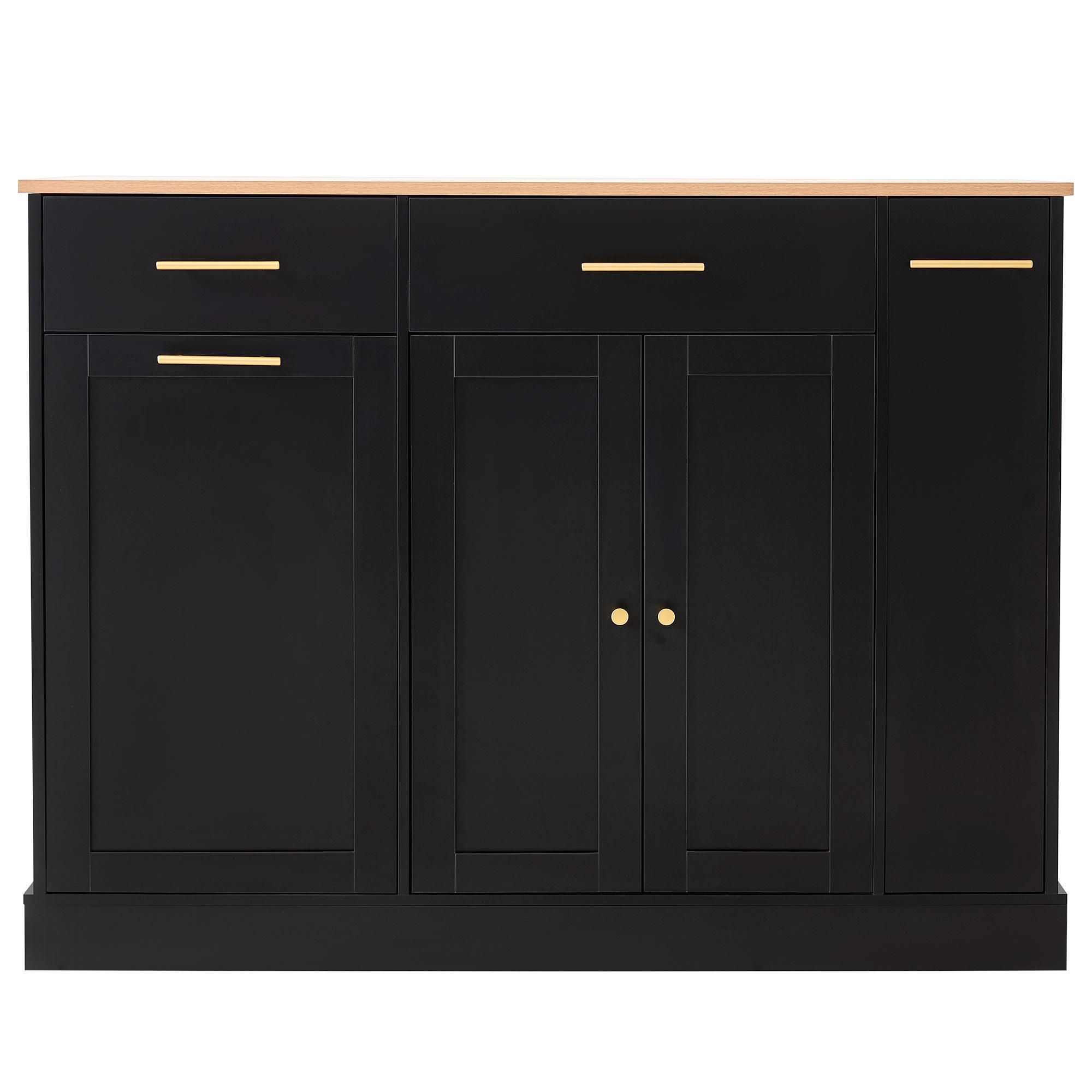 Flieks Kücheninsel mit Arbeitsplatte und Schubladen, Küchenschrank mit Mülleimerfach, Seitenregal und großem Stauraum, 120*70*91.5cm, Schwarz+Natur,PB