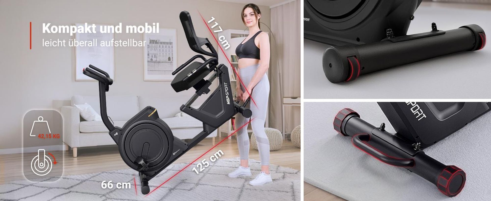 HOP SPORT® HS-5000L Liegeergometer für Zuhause mit Magnetwiderstand | Stationäres Fahrrad | Ergonomischer Sitz | leises Liegerad-Heimtrainer mit Apps