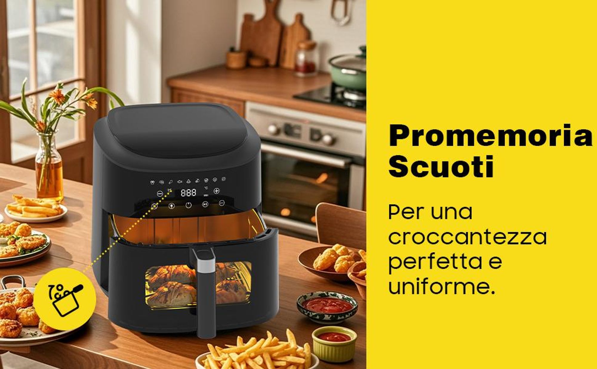 Friggitrice ad aria visibile 9L 2350W, schermo touch, circolazione aria 360°, 9 programmi automatici, display LED, grigliatura e cottura