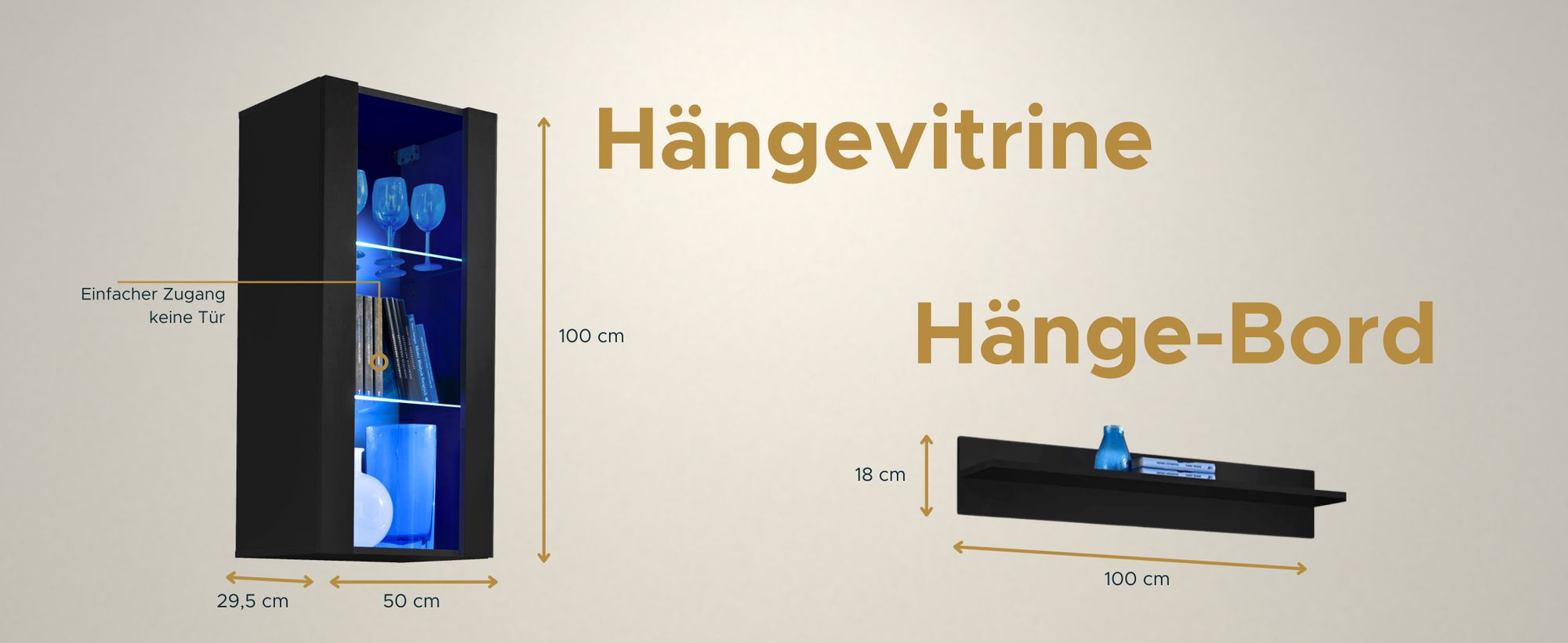 Komodee | Wohnwand mit TV-Schrank und Vitrine Tivoli Set Medio, Korpus Schwarz Matt Frontfarbe Schwarz Matt, ohne LED