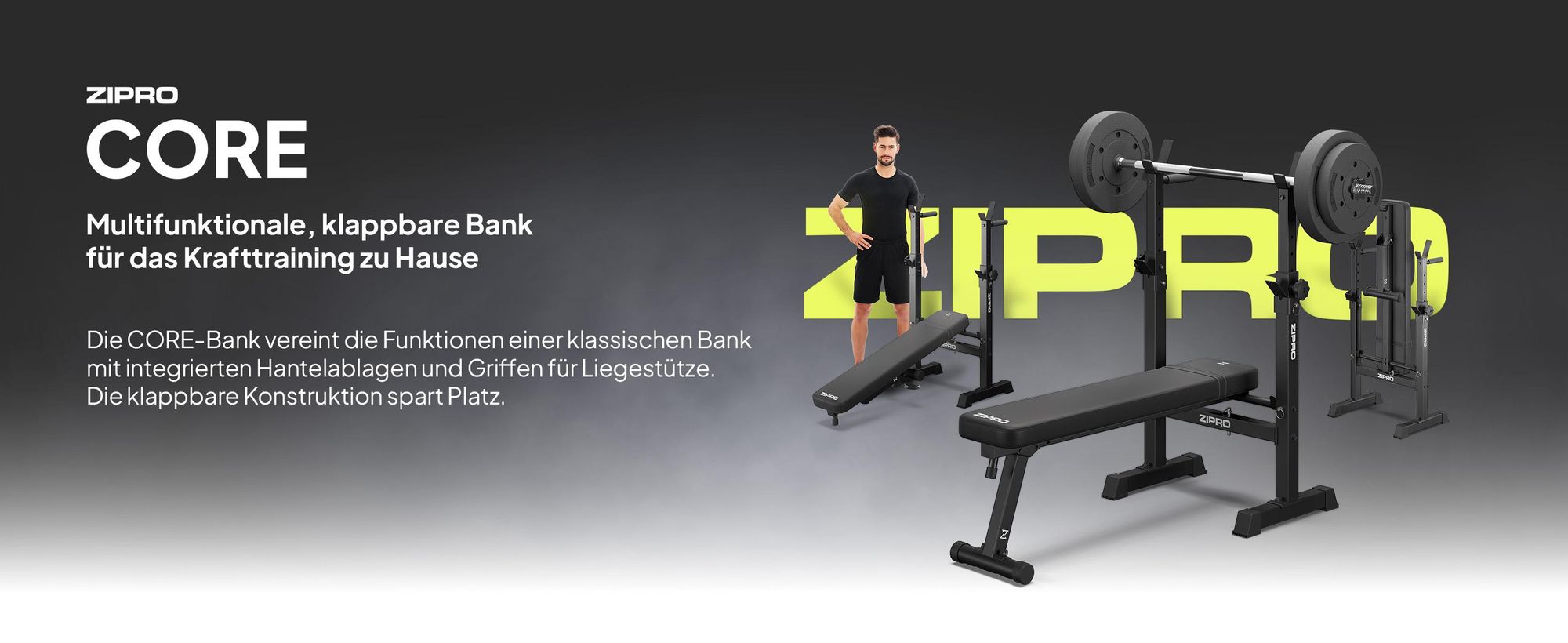 Zipro Hantelbank mit Langhantelablage Core – Klappbare Drückerbank für Bankdrücken Flachbank mit Dip-Barren Bis 230kg Belastbar Platzsparende
