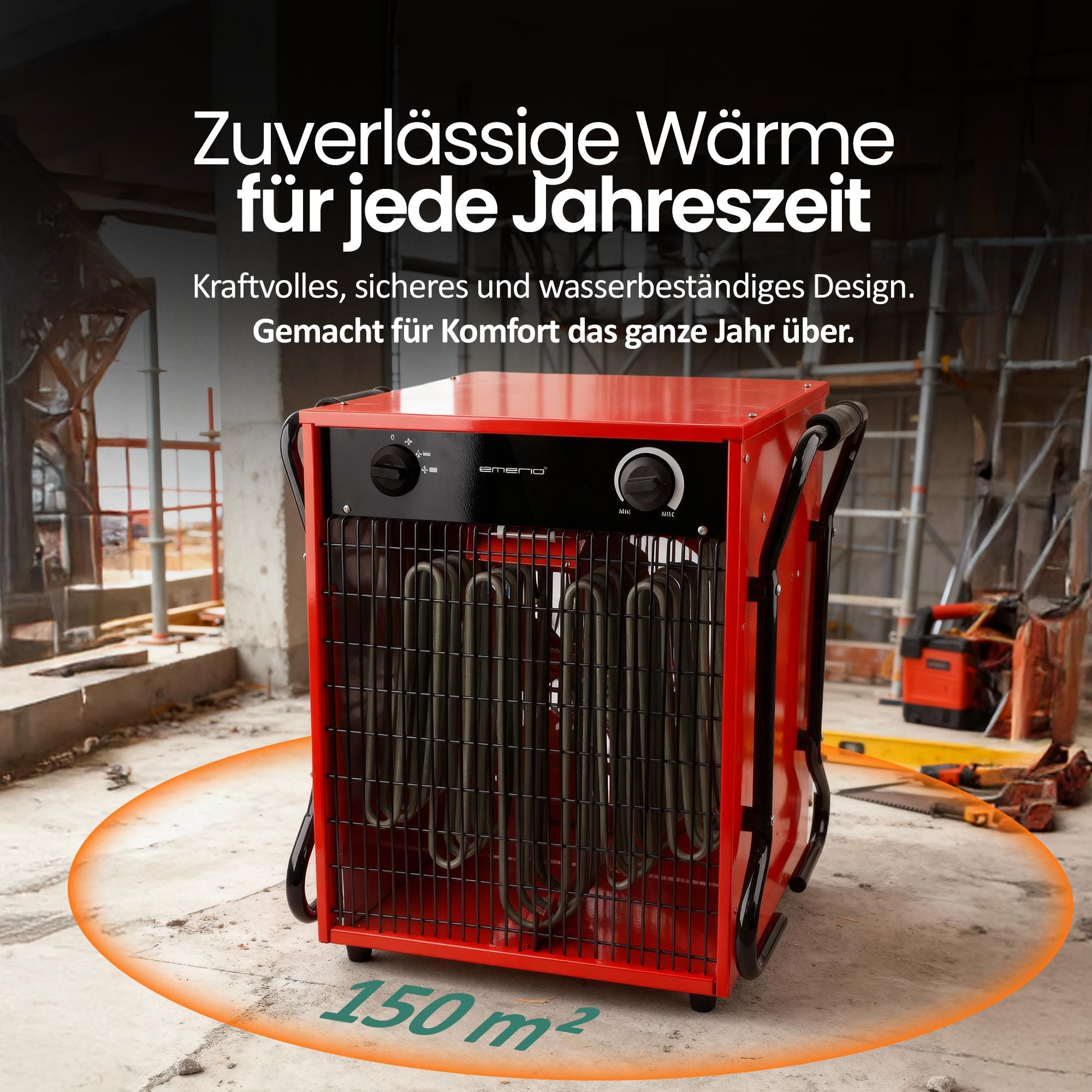 Emerio Power-Heizlüfter FH-117330 – Bauheizer – 150 m² - 15.000 W – 400 V – 2 Heizstufen – einstellbarer Thermostat - IP24 - Kippschutz