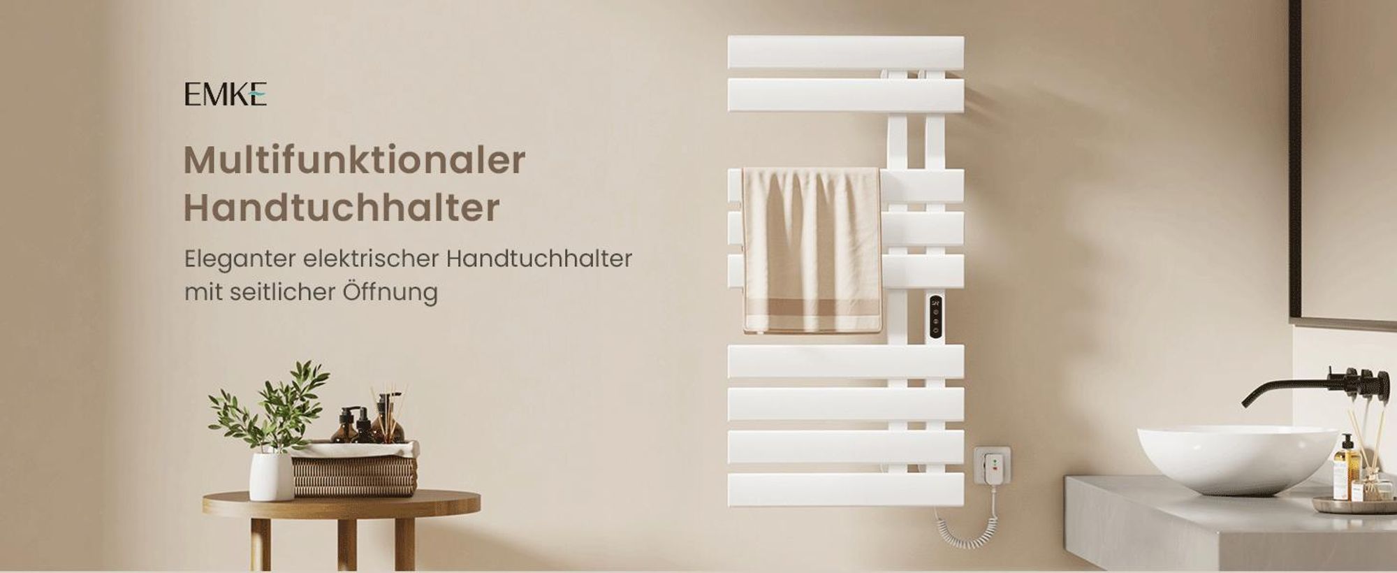 EMKE Handtuchwärmer elektrisch Intelligente Badheizkörper, 1000X500mm 320W Recht Anschluss Handtuchheizkörper Wifi APP Steurung Touch LCD Timer 1-9H, IPX5 Weiß