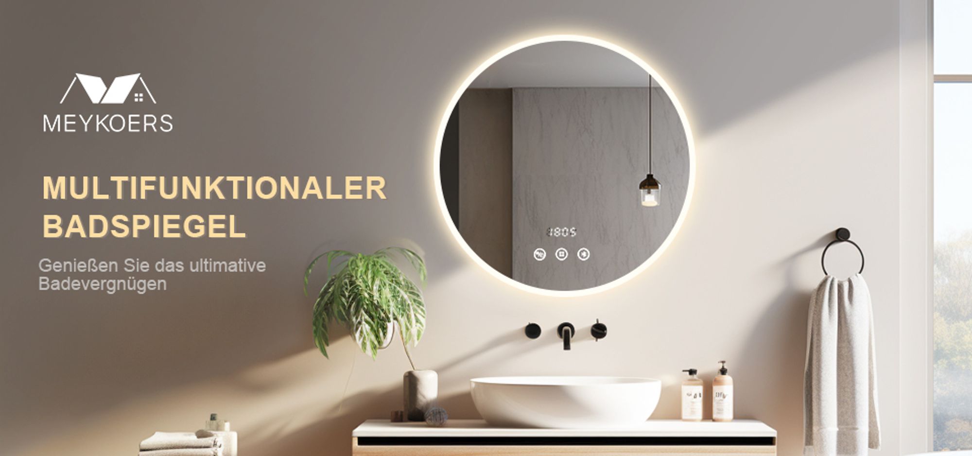 Heilmetz Badezimmerspiegel Rund 60cm Durchmesser LED Badspiegel mit Touch Schalter mit Natürliches Licht 4300K Lichtspiegel Badezimmerspiegel Display mit Temperatur und Uhrzeit Bluetooth