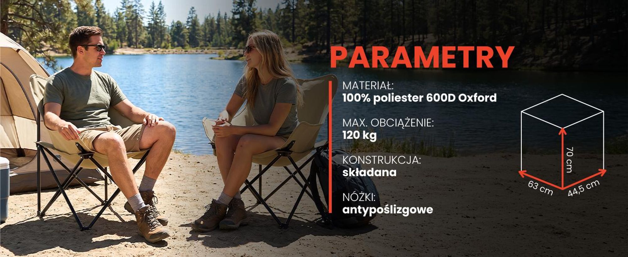Krzesło turystyczne kempingowe beżowe z uchwytem na butelkę i podłokietnikami
