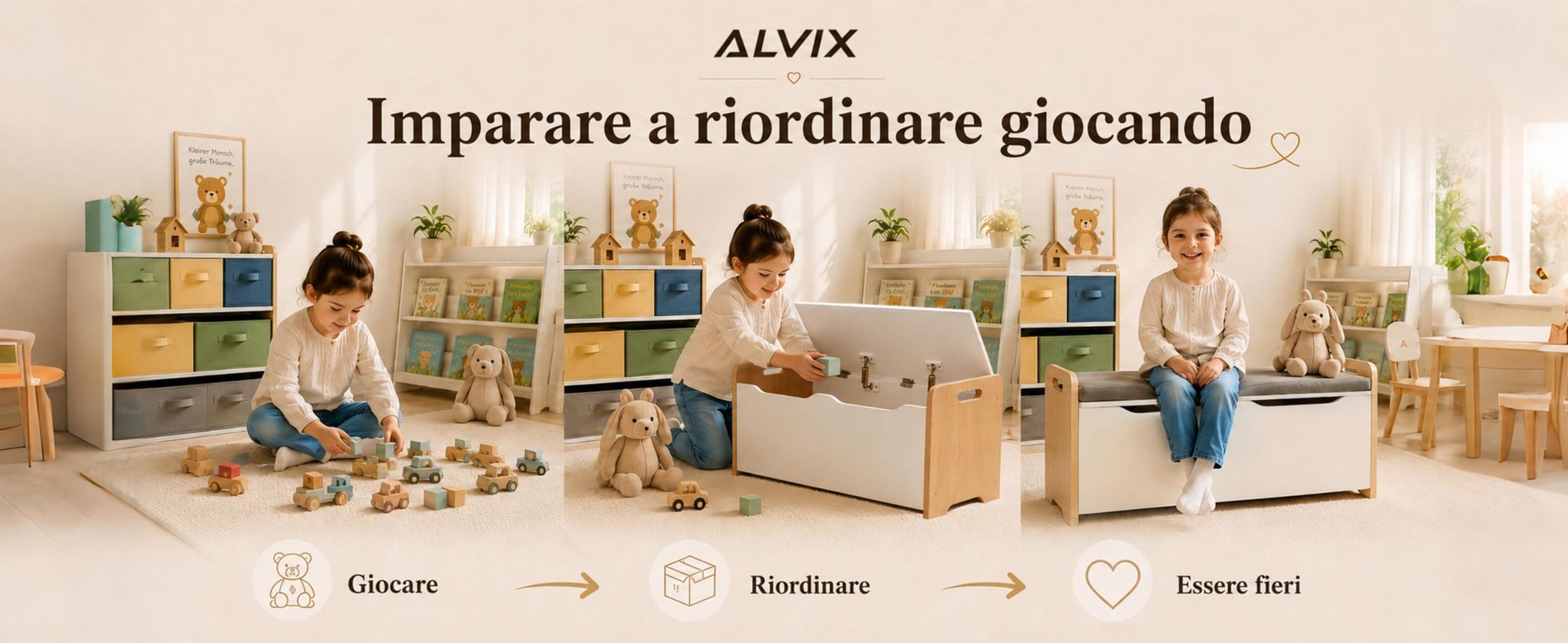 ALVIX - Cassetta portaoggetti NESTA 1, panchina per bambini con spazio contenitivo, contenitore per giocattoli con coperchio a chiusura ammortizzata, panca per la cameretta, 83x40x48 cm