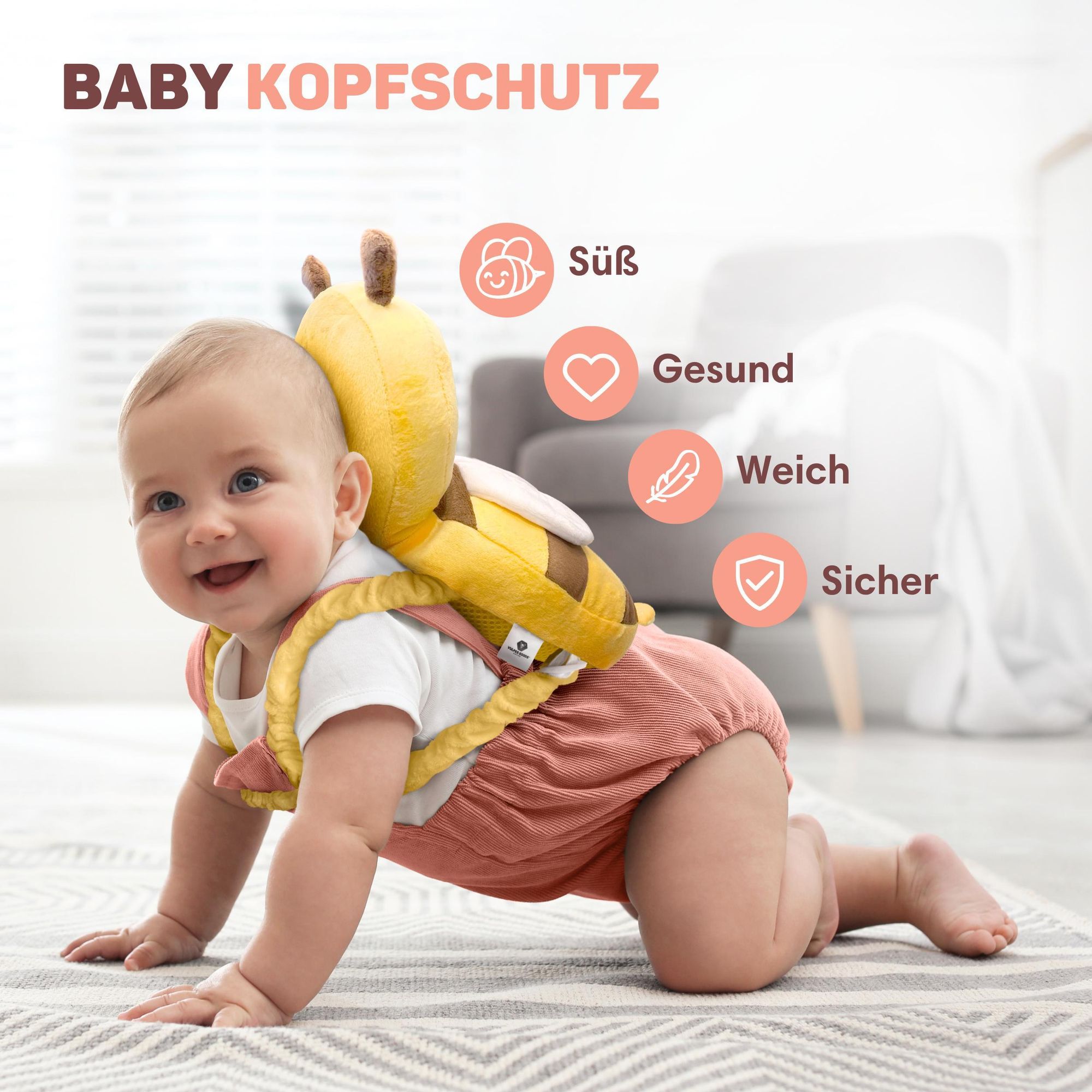Vulpes Goods Baby Kopfschutz, Fallschutz-Rucksack für Kinder, 3D Bienenform, Kopf-Rückenprotektor Kleinkinder, sicher Krabbeln & Gehen lernen