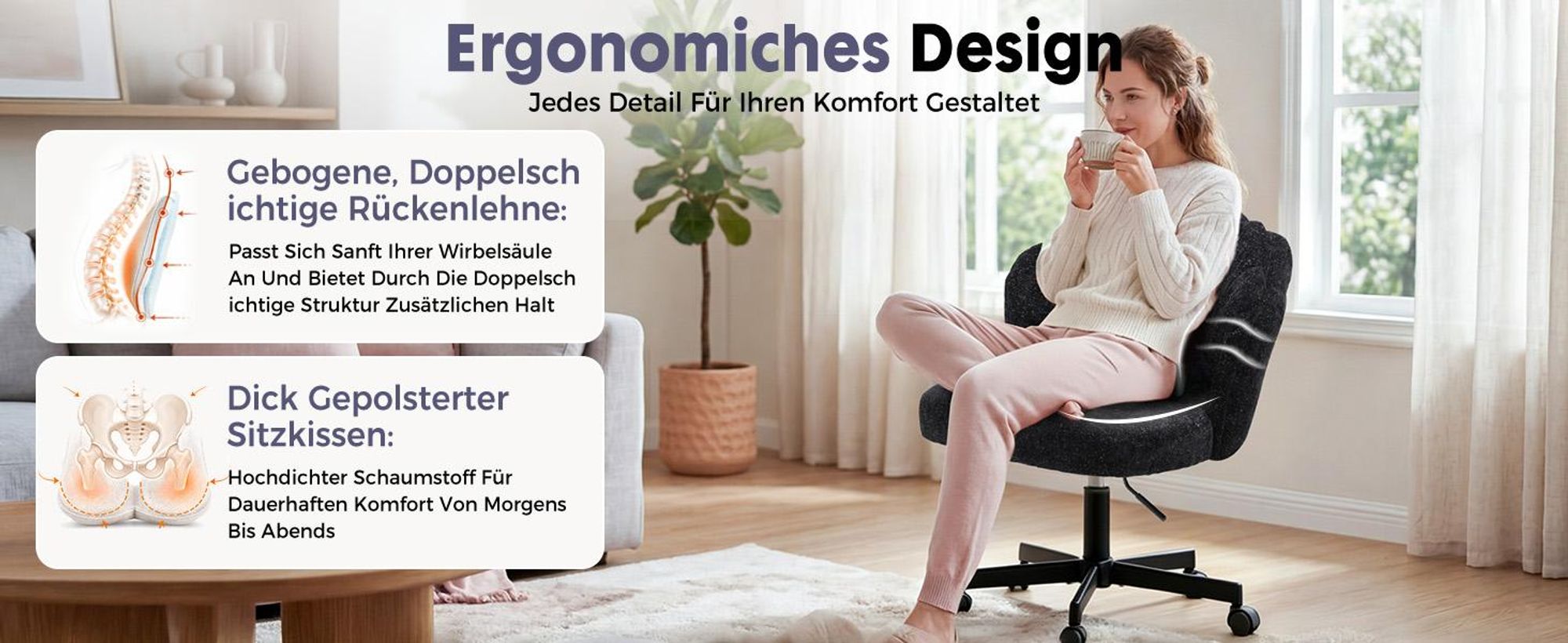 COMHOMA Schreibtischstuhl Bürostuhl, Schminkstuhl mit Rollen Rückenlehne und Wolkenkissen, Höhenverstellbarer Drehstuhl, Schimmernde Chenille, Schwarz