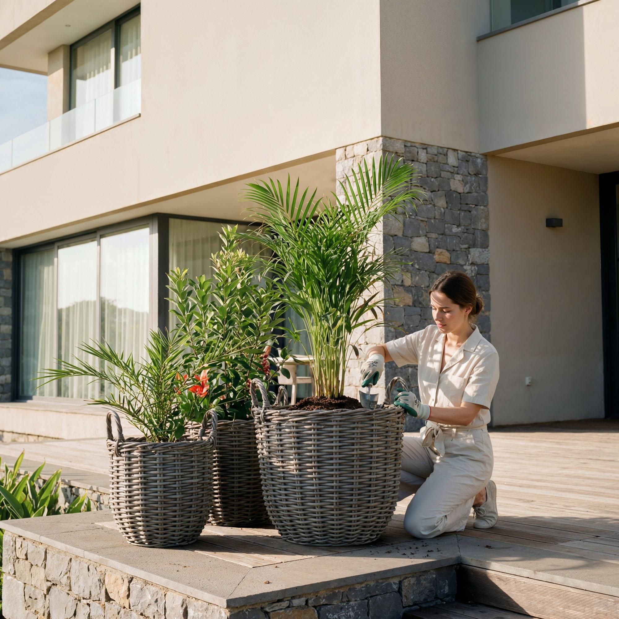 di volio Pflanzkübel Set ANZIA – 3 runde Blumenkörbe aus Polyrattan mit Griffen und Folie, wetterfeste Rattan Blumentöpfe für Außen (Grau)
