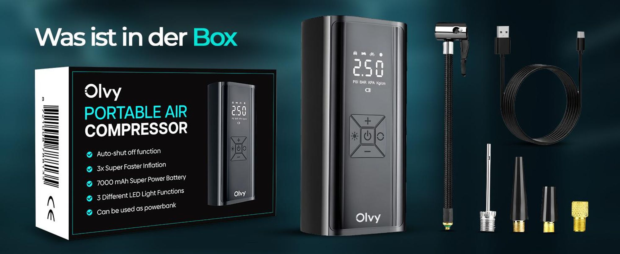 Olvy Luftkompressor 7000 mAh, Mini Reifenpumpe, Elektrischer Kompressor Fahrradpumpe, Elektrische Luftpump, Mini-Kompressor für Auto Fahrrad Bälle