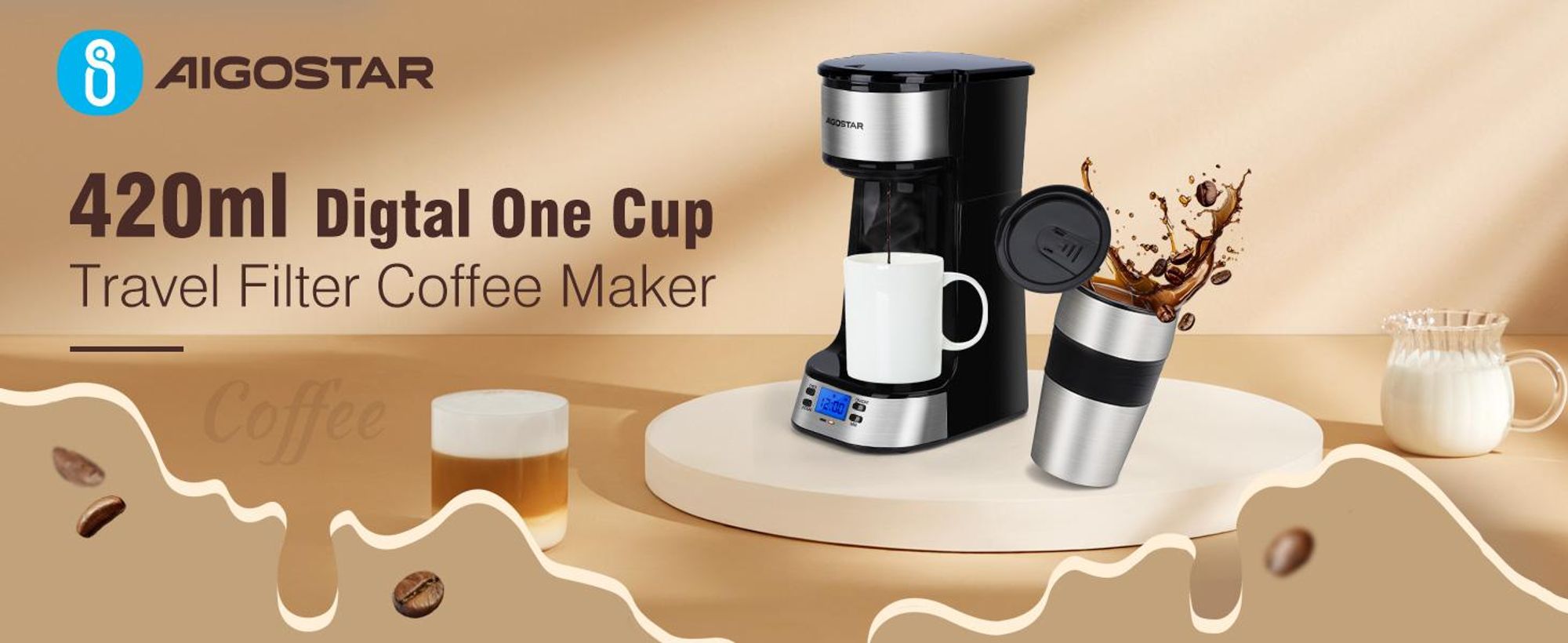 Aigostar - 420 ml Filterkaffeemaschine Mit 24h-Timer, Kaffeemaschine mit Thermobecher, , LCD-Anzeige