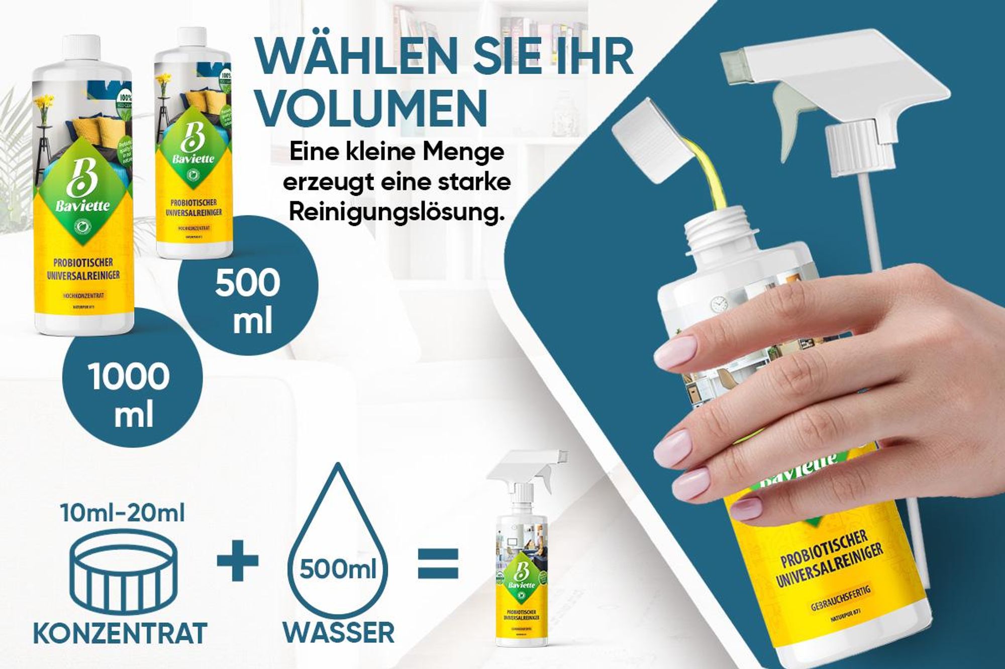 Baviette Universalreiniger Konzentrat 500 ml – ergiebiger Allzweckreiniger mit Mikroorganismen für Haushalt mit Kinder & Haustiere , Auto