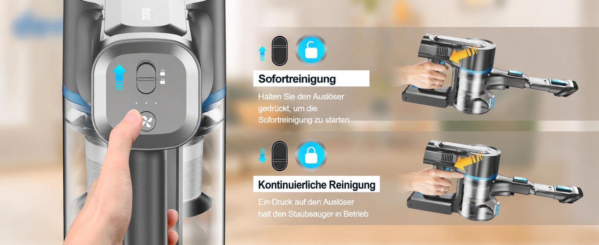 Grenintol Akku Staubsauger kabellos, 6-in-1 Hand-und Stielstaubsauger, bis zu 65000 Pa Saugleistung, bis zu 60 Minuten Laufzeit, beutellos