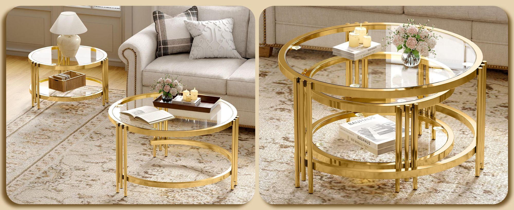 Couchtisch 2er-Set mit Glasplatte und goldenem Metallgestell