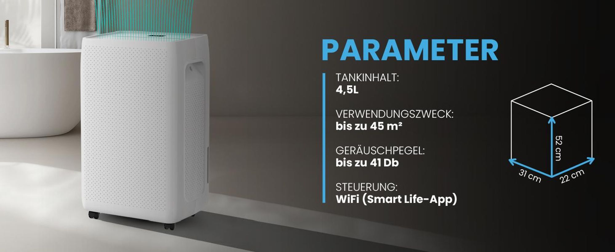 Weiss Luftentfeuchter bis zu 45m² mit Timer und WiFi