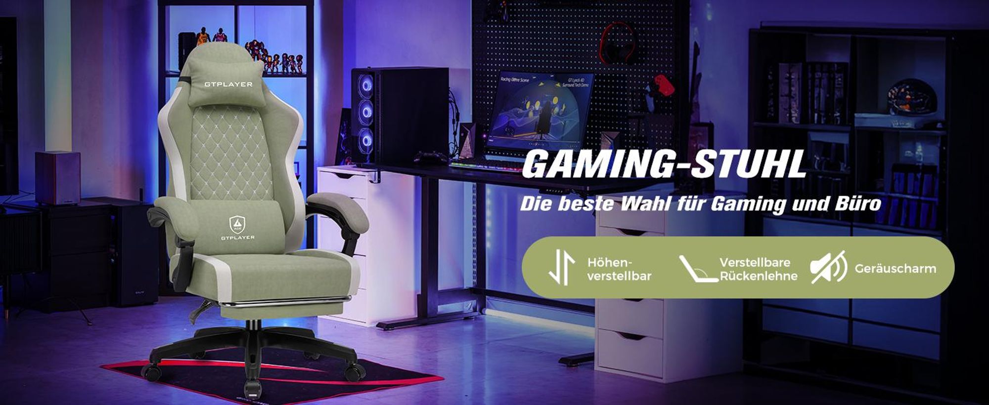 GTPLAYER Gaming Stuhl Ergonomischer, PC Stuhl Atmungsaktiver Stoff, Groß und Hoch Drehbarer Schreibtischstuhl mit Fußstütze, Grün