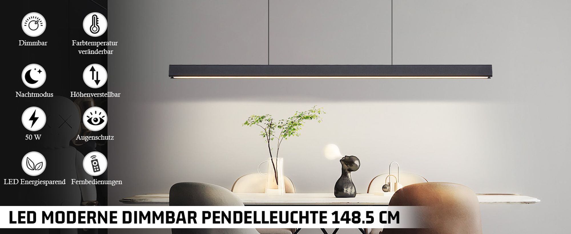 ZMH LED Pendelleuchte Esszimmer Hängelampe Dimmbar Esstisch Hängeleuchte Schwarz Fernbedienung 50W Pendellampe 148.5CM für Küche Schlafzimmer