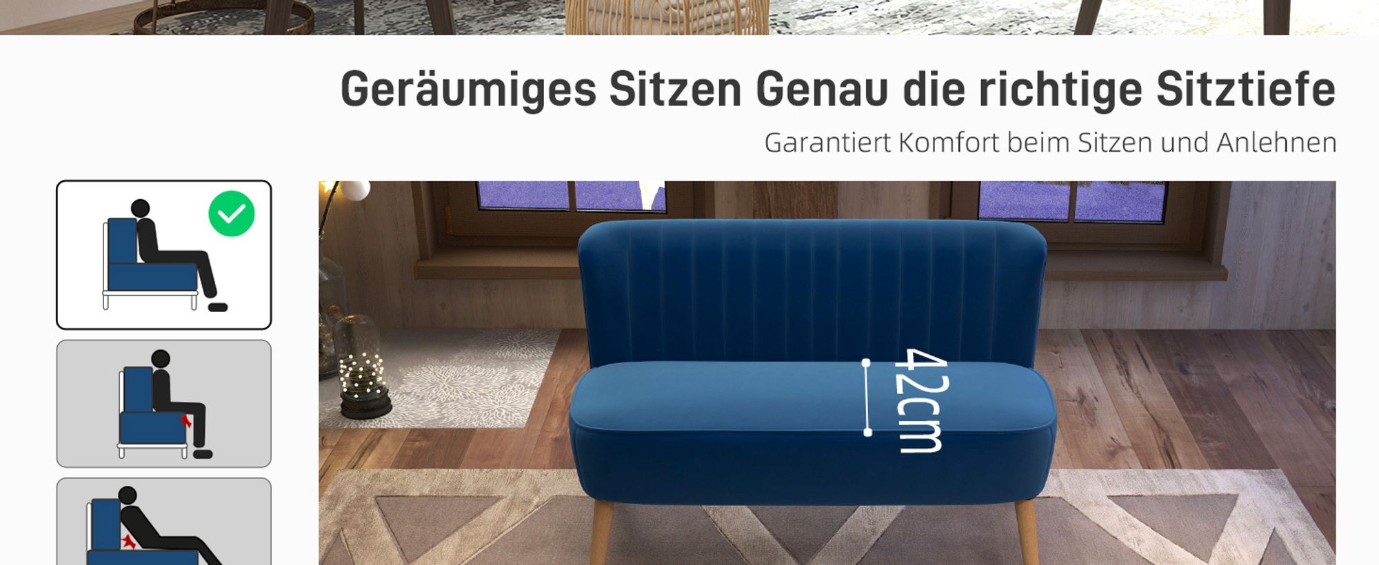 HOMCOM 2-Sitzer Sofa Zweisitzer, Loveseat mit Leinenoptik, Holzbeine, Blau