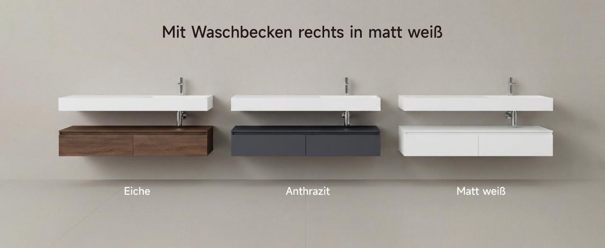Mai & Mai Badmöbelset Waschtisch mit Unterschrank Eiche 150x48x25cm inkl. Mineralguss-Waschbecken in matt Anthrazit und LED-Badspiegel UP