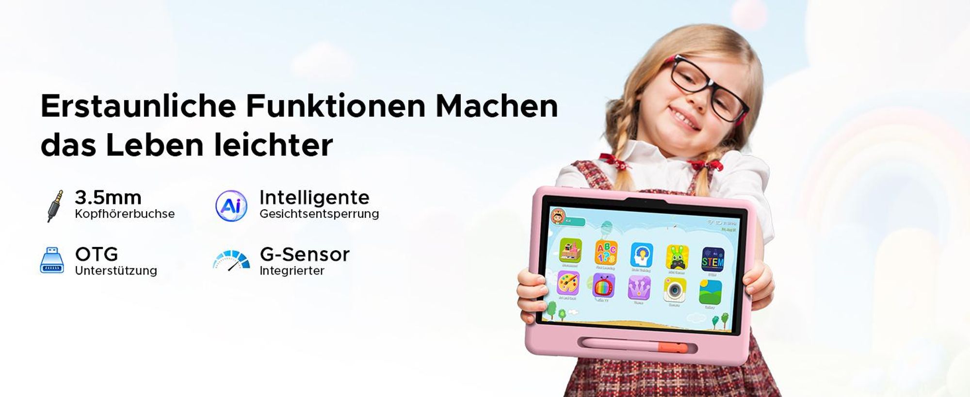 POCKAM P10 Kids 10.1" Tablet, Gemini AI, Android 16, 32(6+26)GB RAM+64GB ROM/TF 2TB, 7000mAh, WiFi Tablet für Kind mit Kindgerechte Hülle und Stift