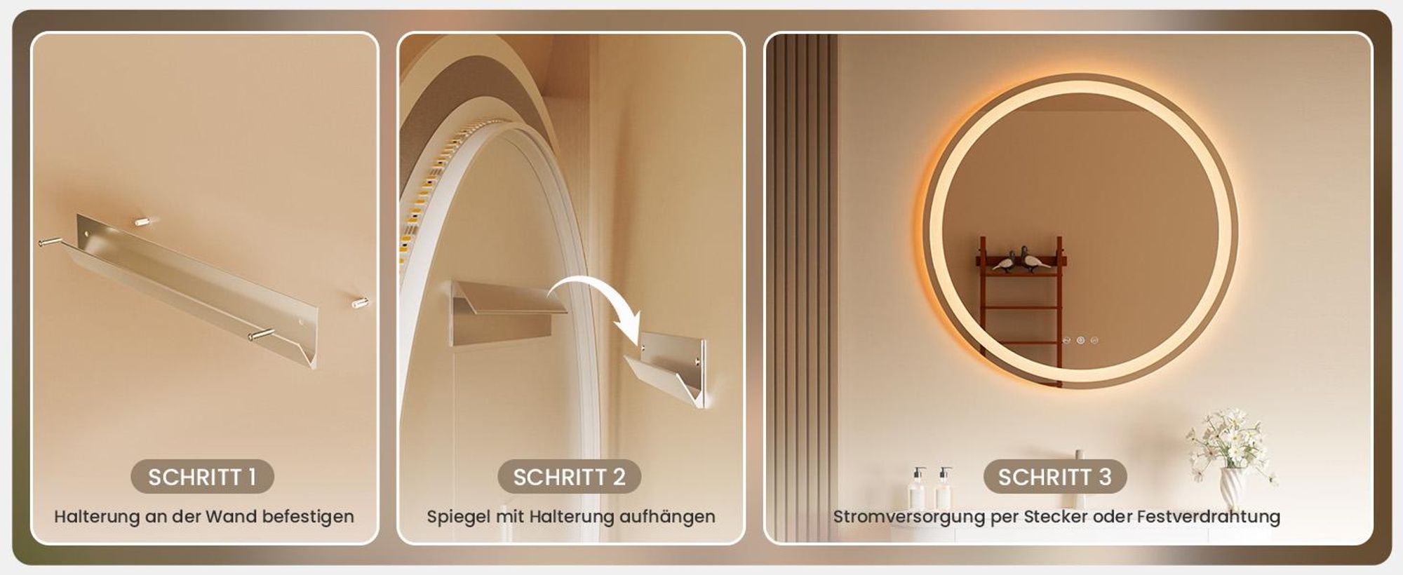 Auralum Badezimmer Spiegel Rund 50 cm LED Badspiegel mit Licht Dimmbar Anti-Beschlag Wandspiegel fürs Bad