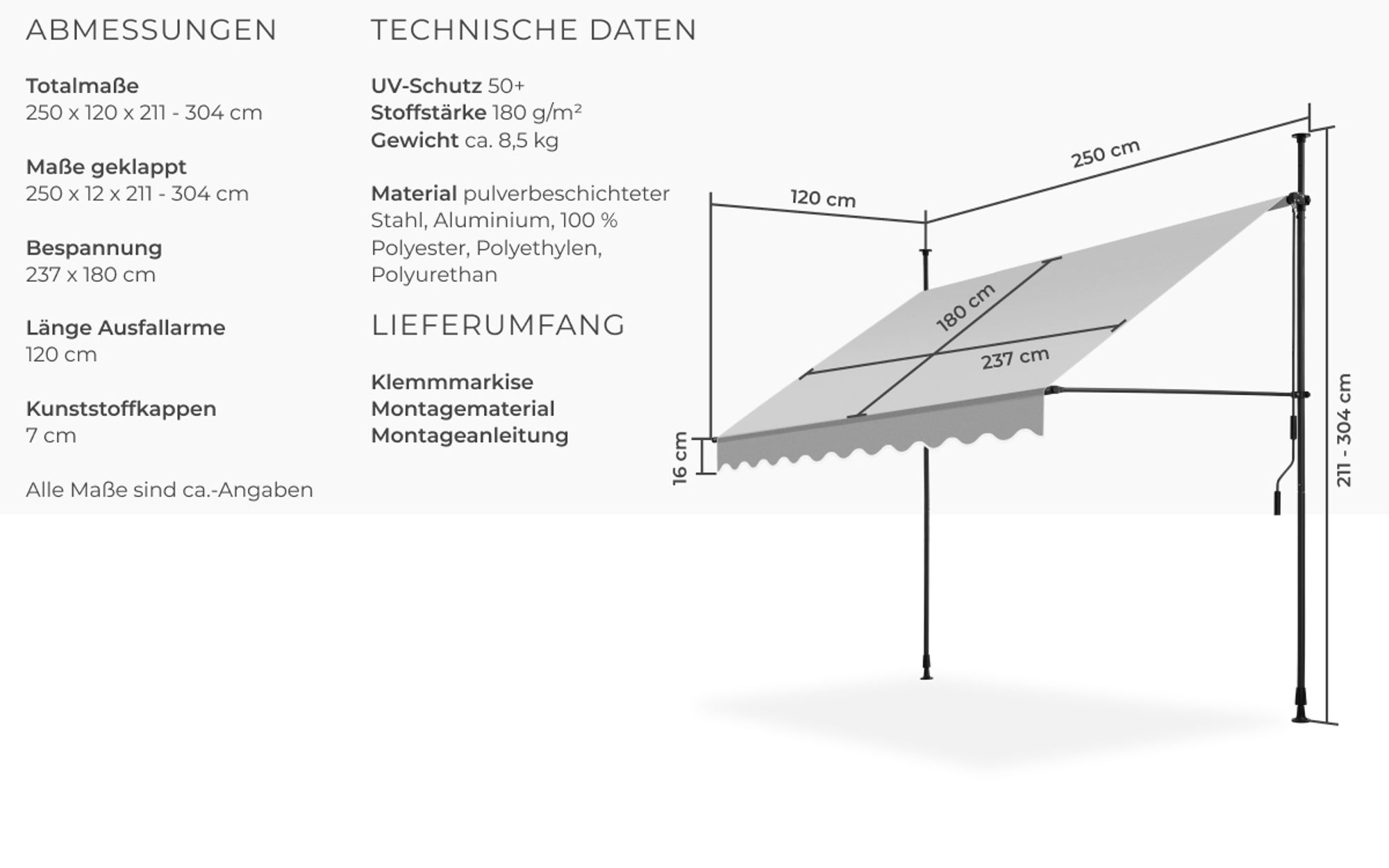 tectake® Klemmmarkise mit Handkurbel einfache Montage